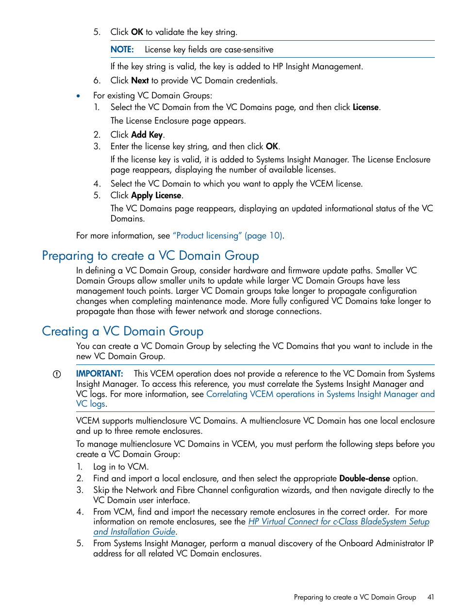 Preparing to create a vc domain group, Creating a vc domain group, Creating a vc domain | HP Insight Management-Software User Manual | Page 41 / 189