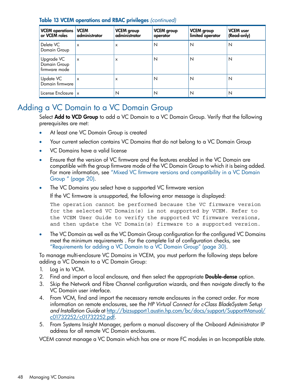 Adding a vc domain to a vc domain group | HP Insight Management-Software User Manual | Page 48 / 189