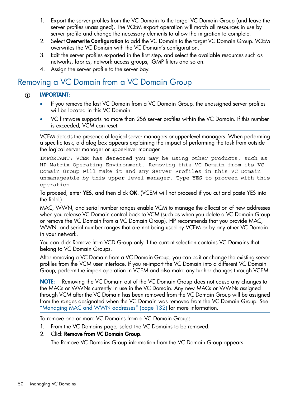 Removing a vc domain from a vc domain group | HP Insight Management-Software User Manual | Page 50 / 189