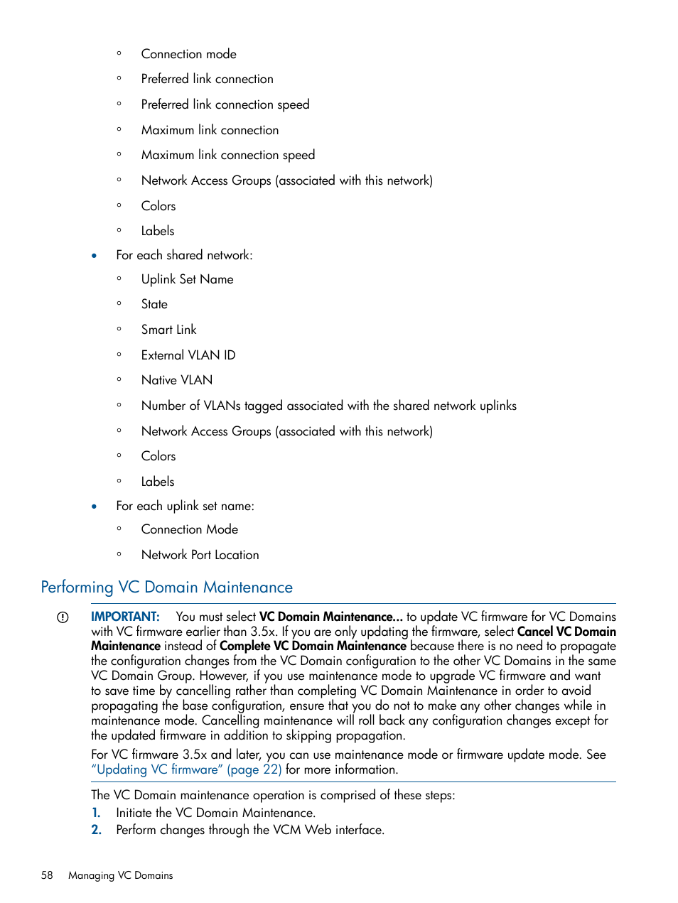 Performing vc domain maintenance | HP Insight Management-Software User Manual | Page 58 / 189