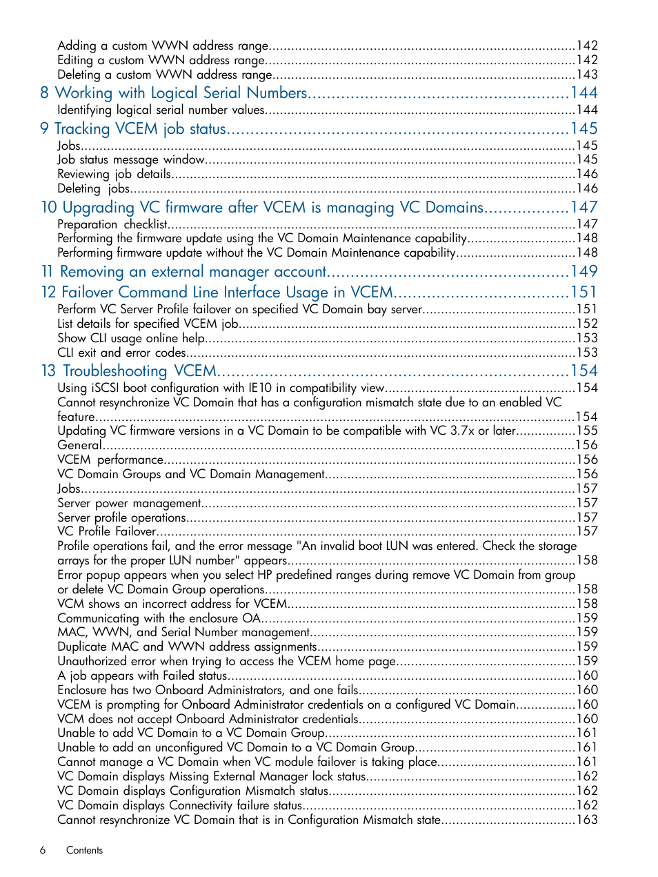 8 working with logical serial numbers, 9 tracking vcem job status, 13 troubleshooting vcem | HP Insight Management-Software User Manual | Page 6 / 189