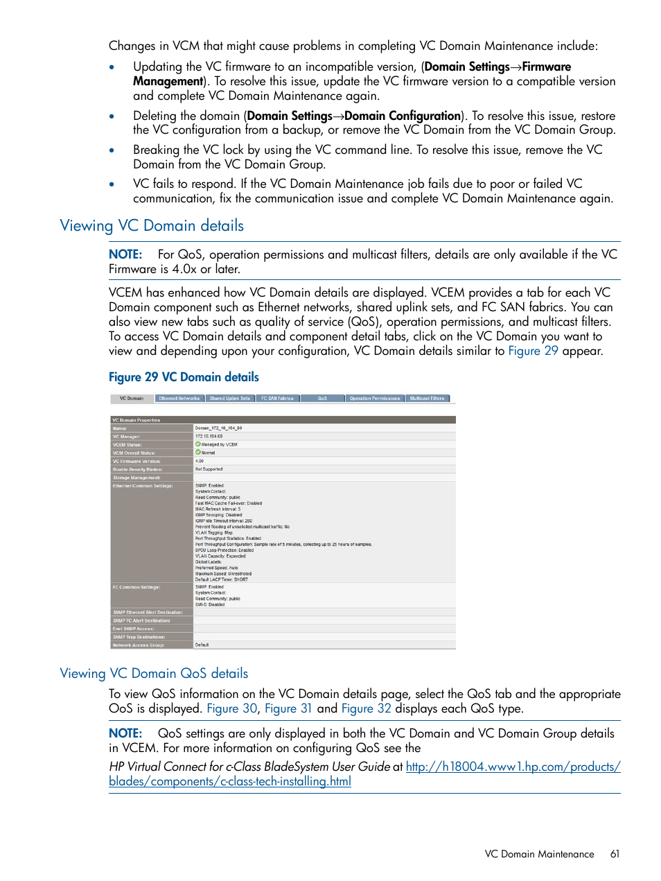 Viewing vc domain details, Viewing vc domain qos details | HP Insight Management-Software User Manual | Page 61 / 189