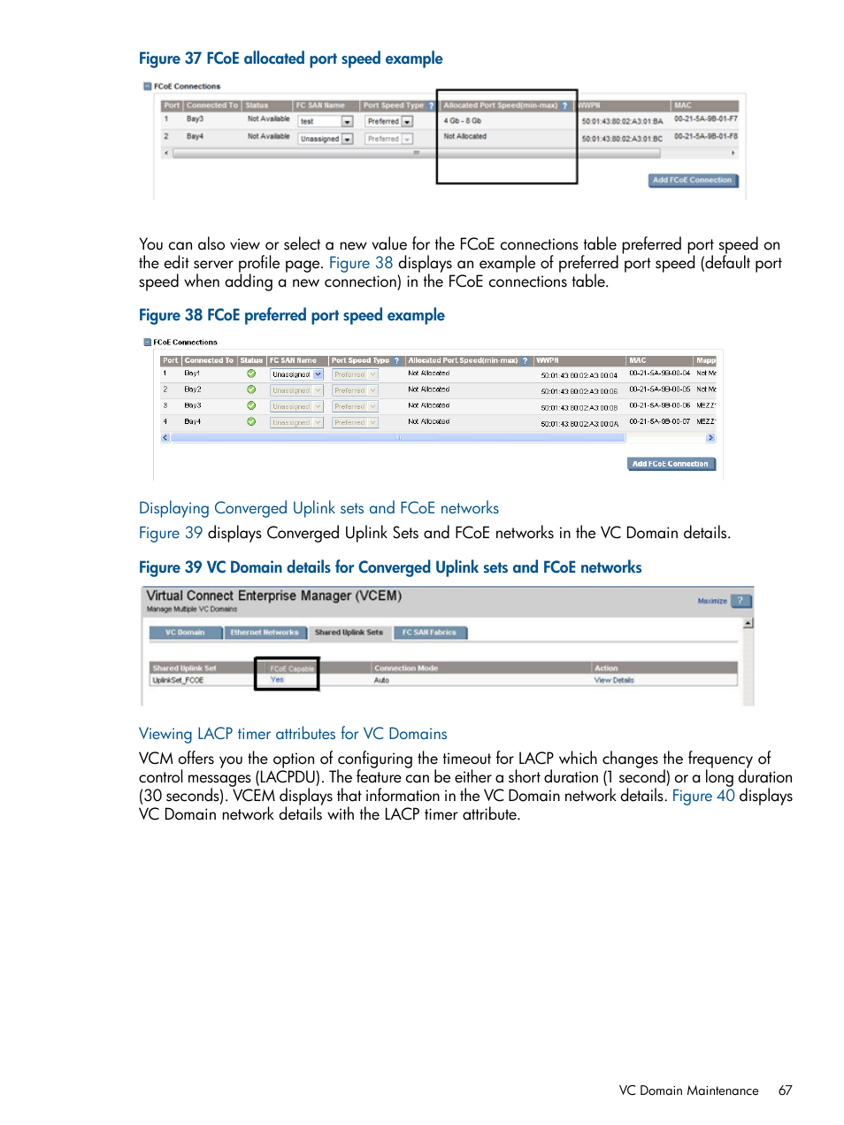 Displaying converged uplink sets and fcoe networks, Viewing lacp timer attributes for vc domains | HP Insight Management-Software User Manual | Page 67 / 189