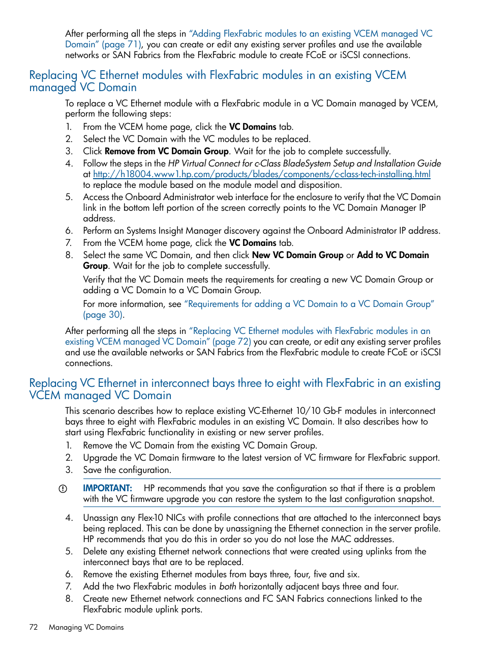 Replacing vc ethernet in interconnect bays | HP Insight Management-Software User Manual | Page 72 / 189