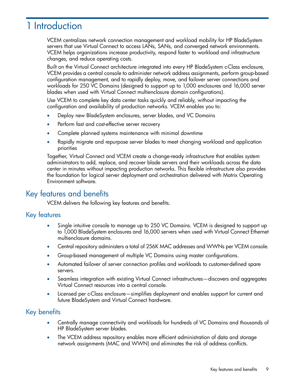 1 introduction, Key features and benefits, Key features | Key benefits, Key features key benefits | HP Insight Management-Software User Manual | Page 9 / 189