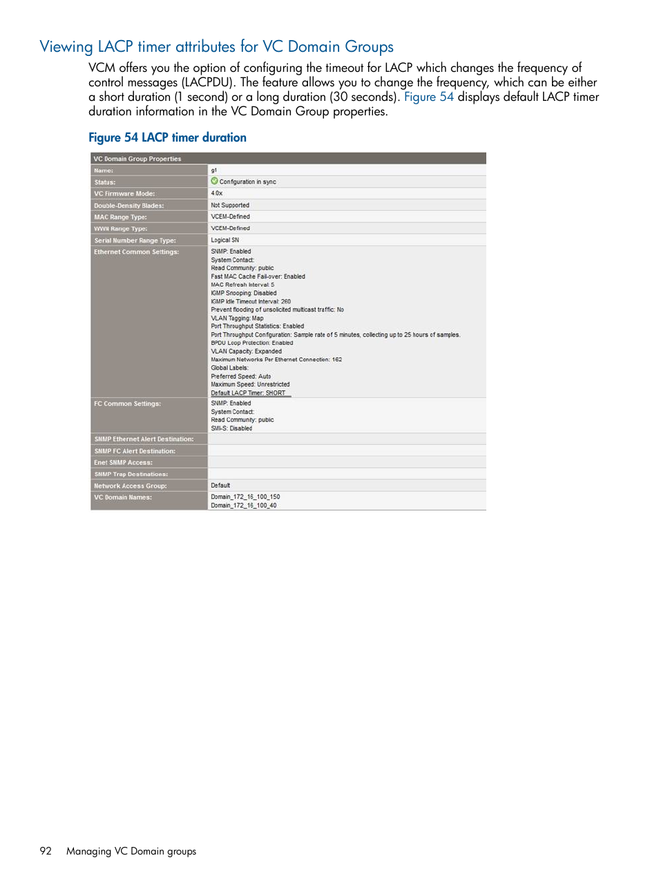 Viewing lacp timer attributes for vc domain groups | HP Insight Management-Software User Manual | Page 92 / 189