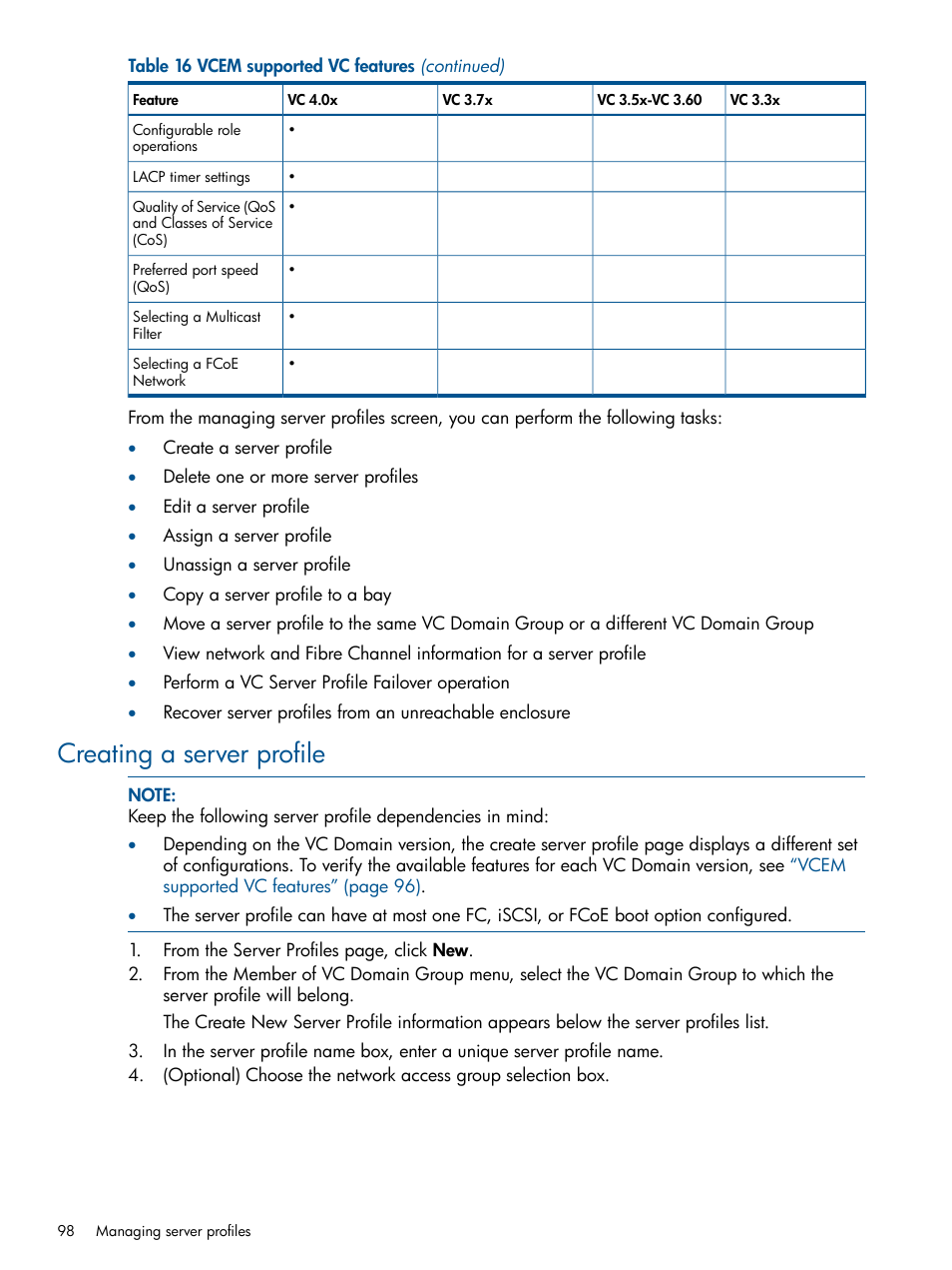 Creating a server profile | HP Insight Management-Software User Manual | Page 98 / 189