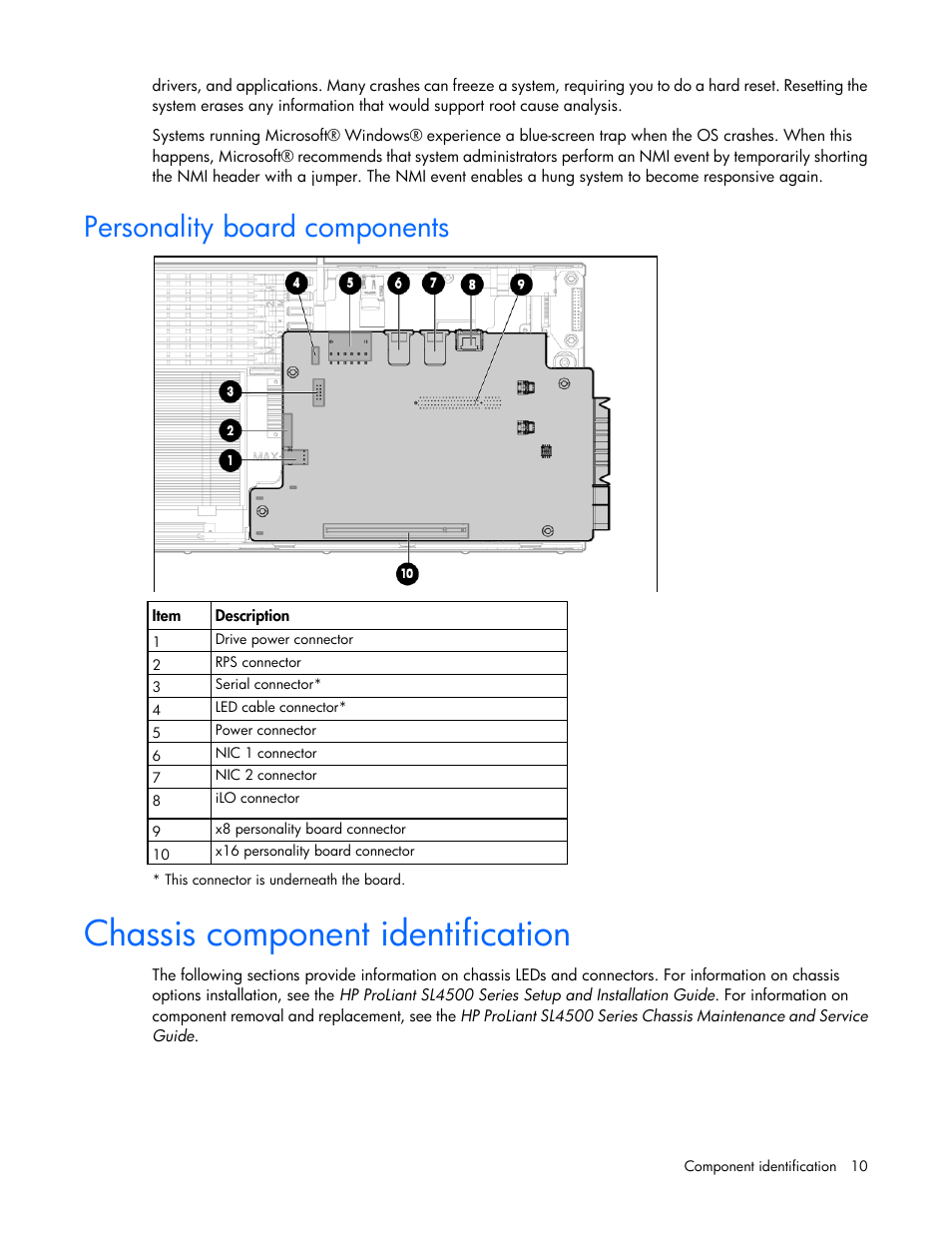 Personality board components, Chassis component identification | HP ProLiant SL4540 Gen8 Server User Manual | Page 10 / 78