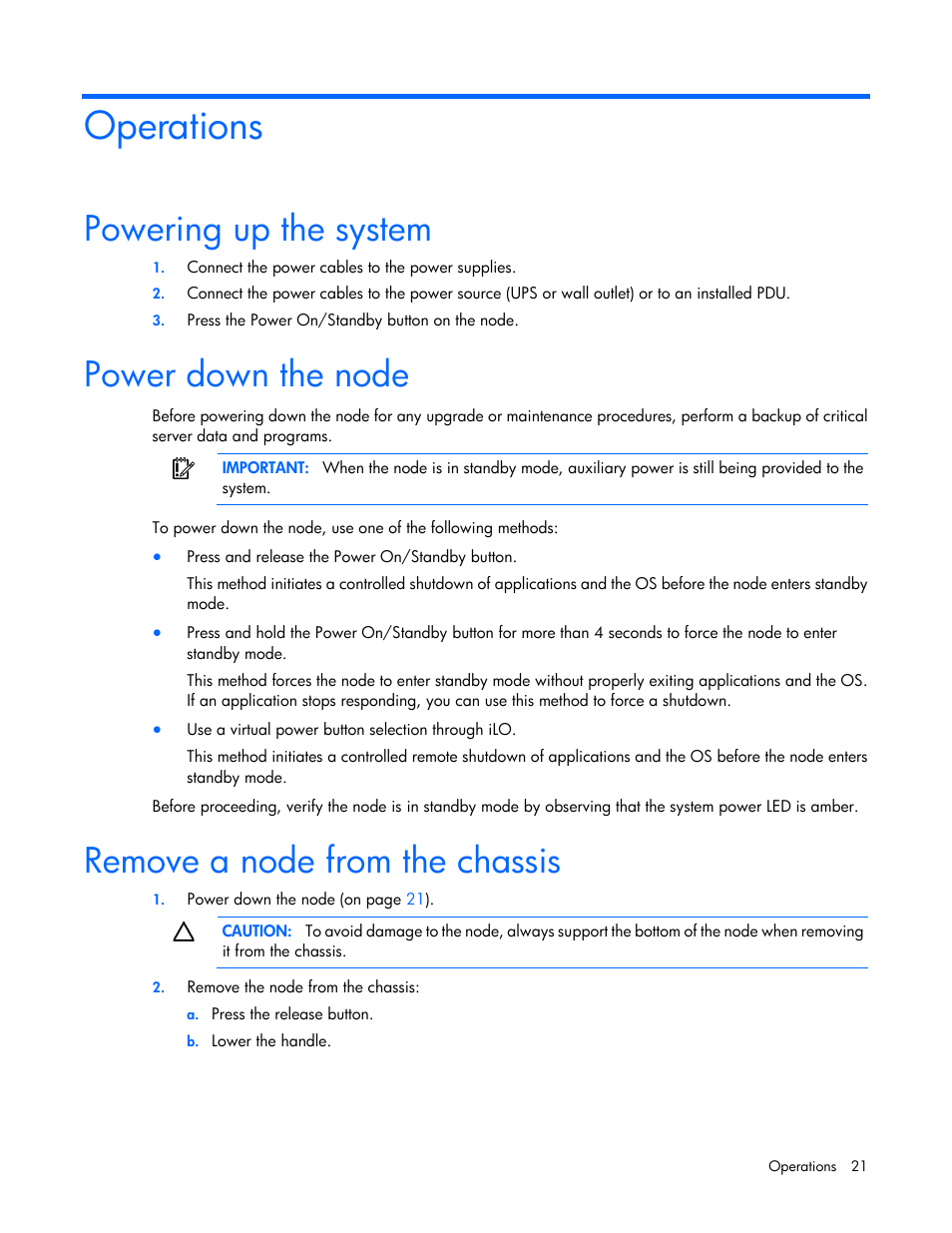 Operations, Powering up the system, Power down the node | Remove a node from the chassis | HP ProLiant SL4540 Gen8 Server User Manual | Page 21 / 78