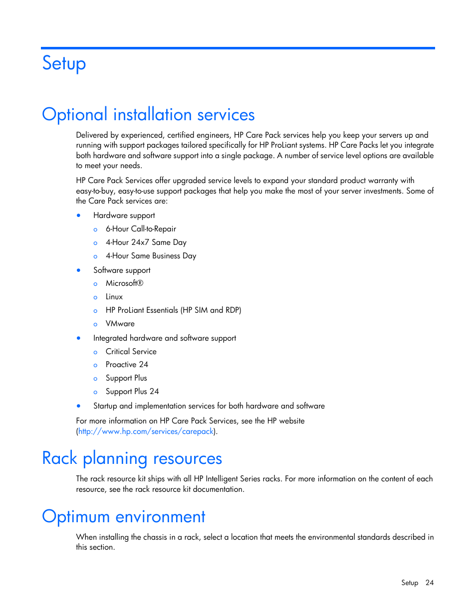 Setup, Optional installation services, Rack planning resources | Optimum environment | HP ProLiant SL4540 Gen8 Server User Manual | Page 24 / 78