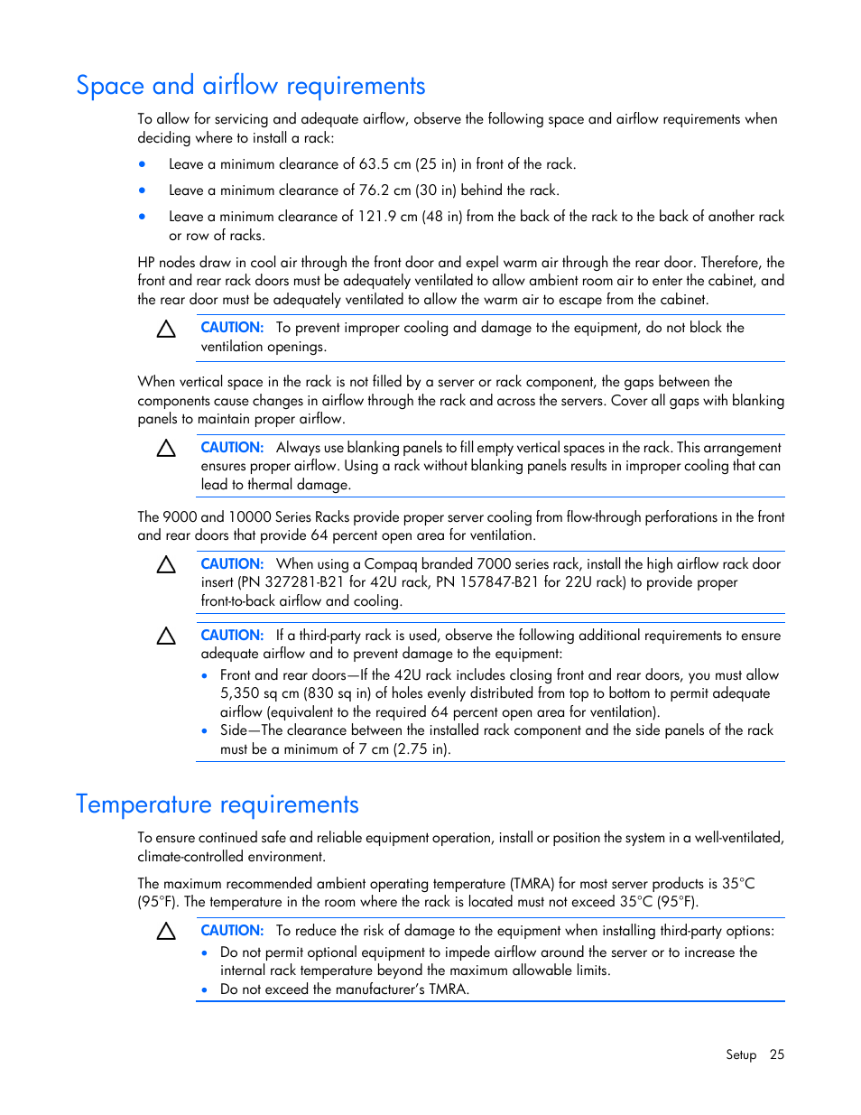 Space and airflow requirements, Temperature requirements | HP ProLiant SL4540 Gen8 Server User Manual | Page 25 / 78