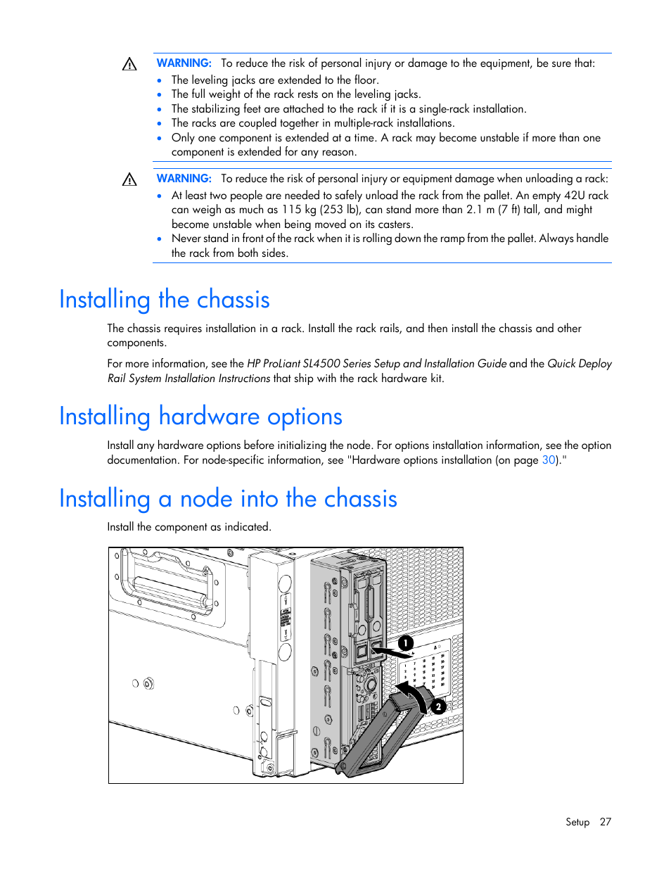 Installing the chassis, Installing hardware options, Installing a node into the chassis | HP ProLiant SL4540 Gen8 Server User Manual | Page 27 / 78