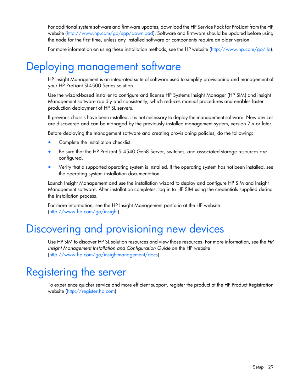 Deploying management software, Discovering and provisioning new devices, Registering the server | HP ProLiant SL4540 Gen8 Server User Manual | Page 29 / 78
