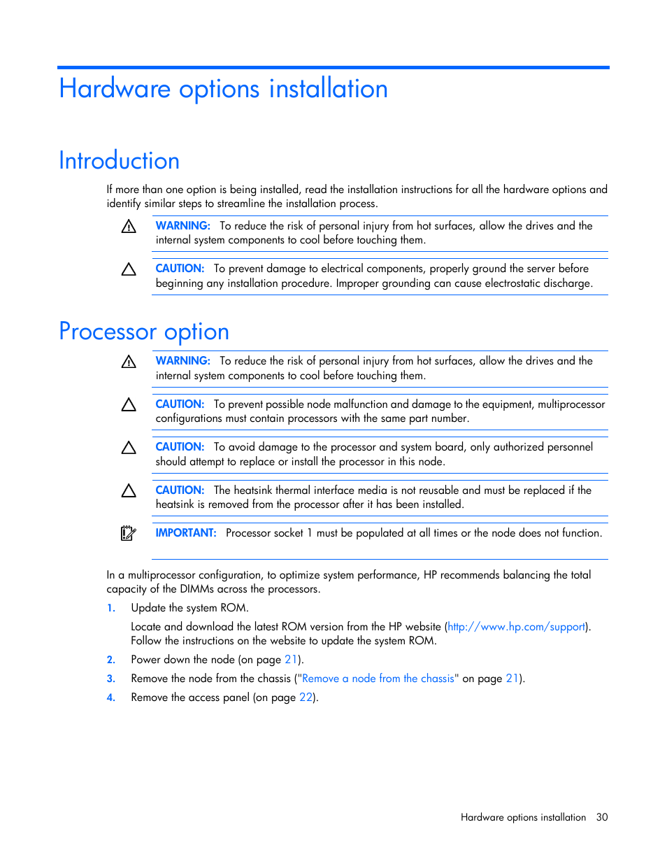 Hardware options installation, Introduction, Processor option | HP ProLiant SL4540 Gen8 Server User Manual | Page 30 / 78