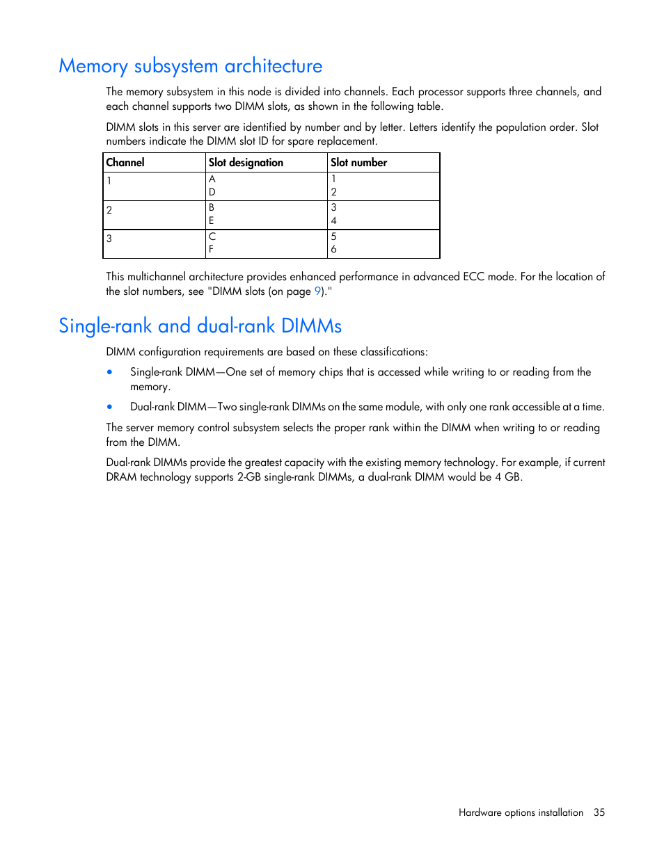 Memory subsystem architecture, Single-rank and dual-rank dimms | HP ProLiant SL4540 Gen8 Server User Manual | Page 35 / 78