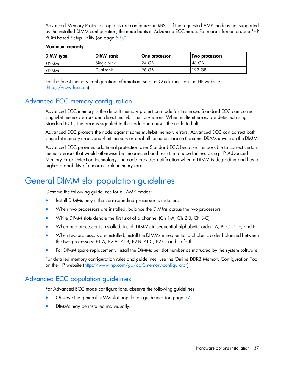 Advanced ecc memory configuration, General dimm slot population guidelines, Advanced ecc population guidelines | HP ProLiant SL4540 Gen8 Server User Manual | Page 37 / 78