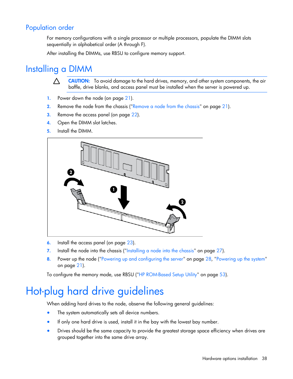 Population order, Installing a dimm, Hot-plug hard drive guidelines | HP ProLiant SL4540 Gen8 Server User Manual | Page 38 / 78