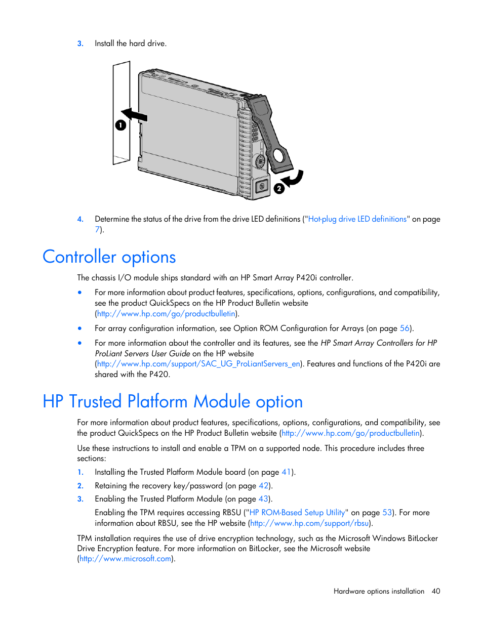 Controller options, Hp trusted platform module option | HP ProLiant SL4540 Gen8 Server User Manual | Page 40 / 78