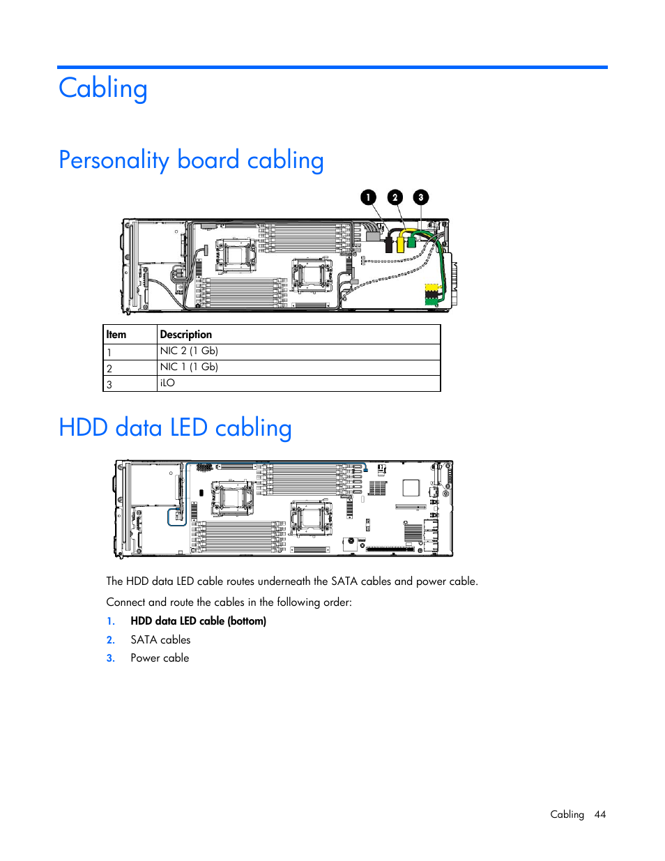 Cabling, Personality board cabling, Hdd data led cabling | HP ProLiant SL4540 Gen8 Server User Manual | Page 44 / 78