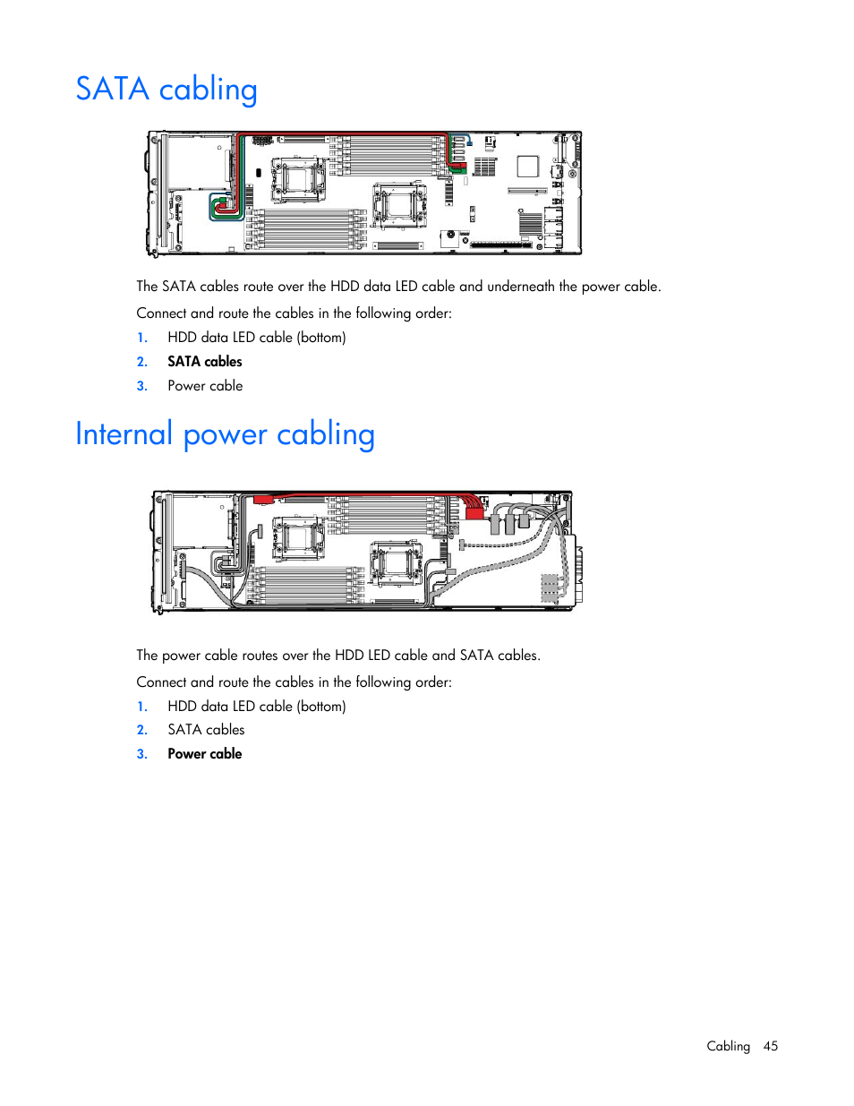 Sata cabling, Internal power cabling | HP ProLiant SL4540 Gen8 Server User Manual | Page 45 / 78