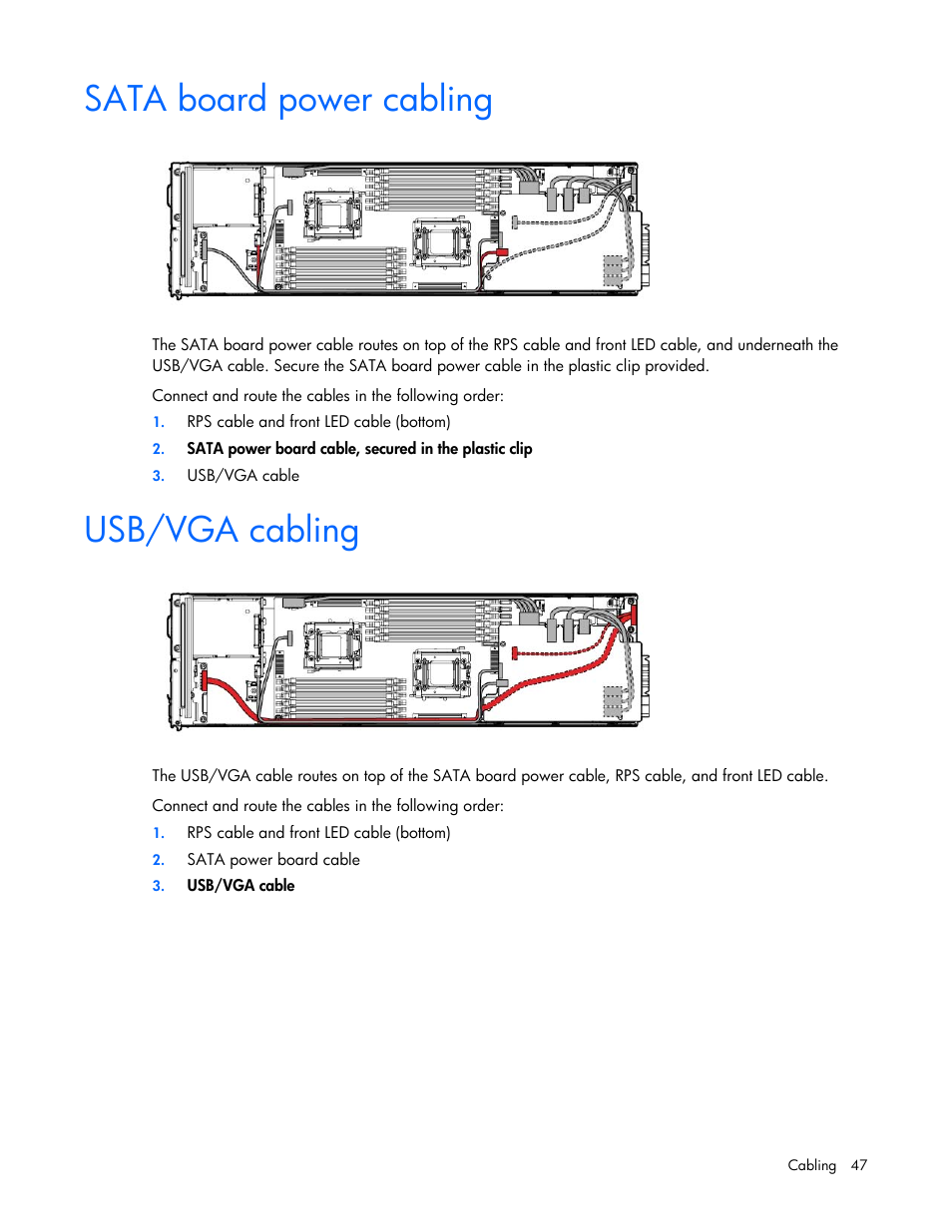 Sata board power cabling, Usb/vga cabling | HP ProLiant SL4540 Gen8 Server User Manual | Page 47 / 78