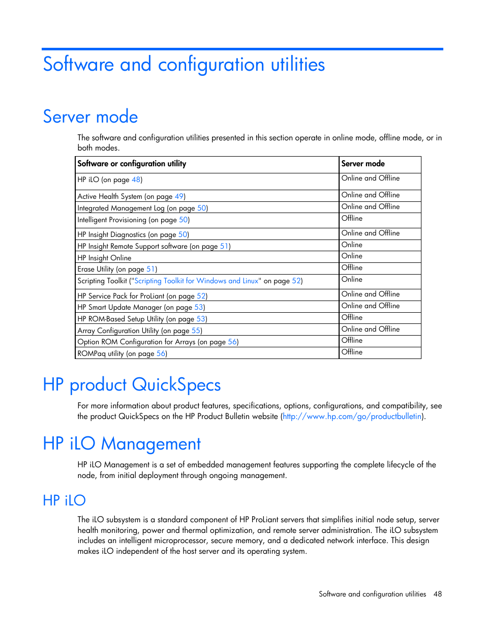 Software and configuration utilities, Server mode, Hp product quickspecs | Hp ilo management, Hp ilo | HP ProLiant SL4540 Gen8 Server User Manual | Page 48 / 78