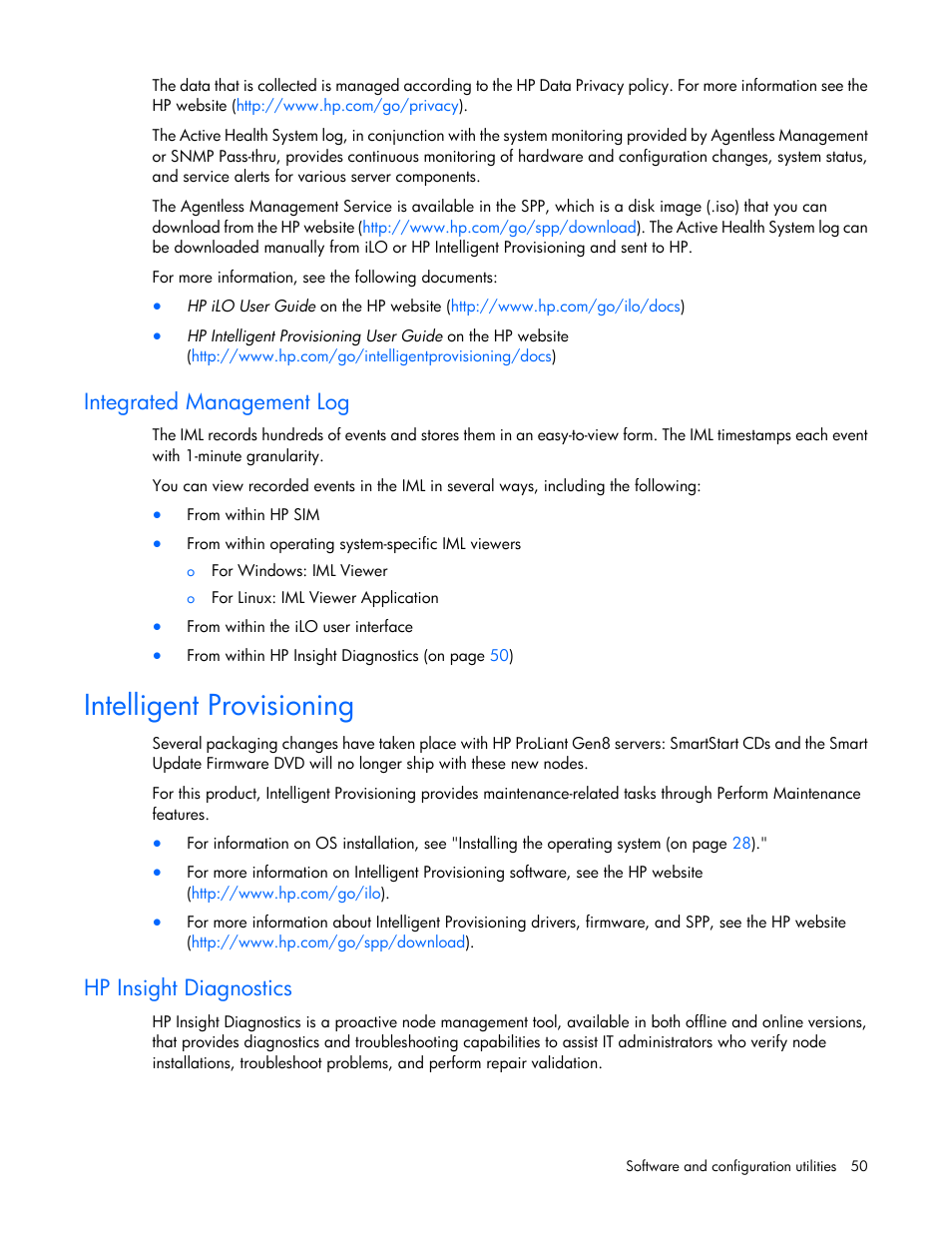 Integrated management log, Intelligent provisioning, Hp insight diagnostics | HP ProLiant SL4540 Gen8 Server User Manual | Page 50 / 78
