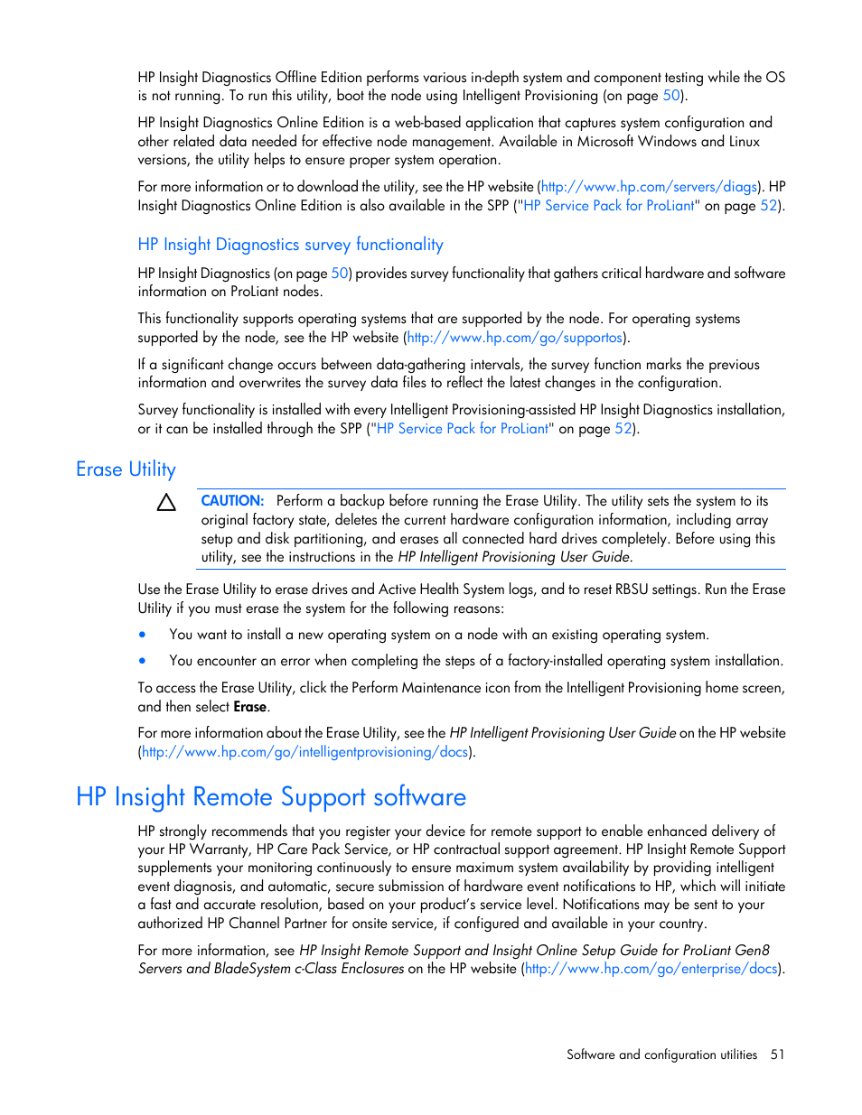 Hp insight diagnostics survey functionality, Erase utility, Hp insight remote support software | HP ProLiant SL4540 Gen8 Server User Manual | Page 51 / 78