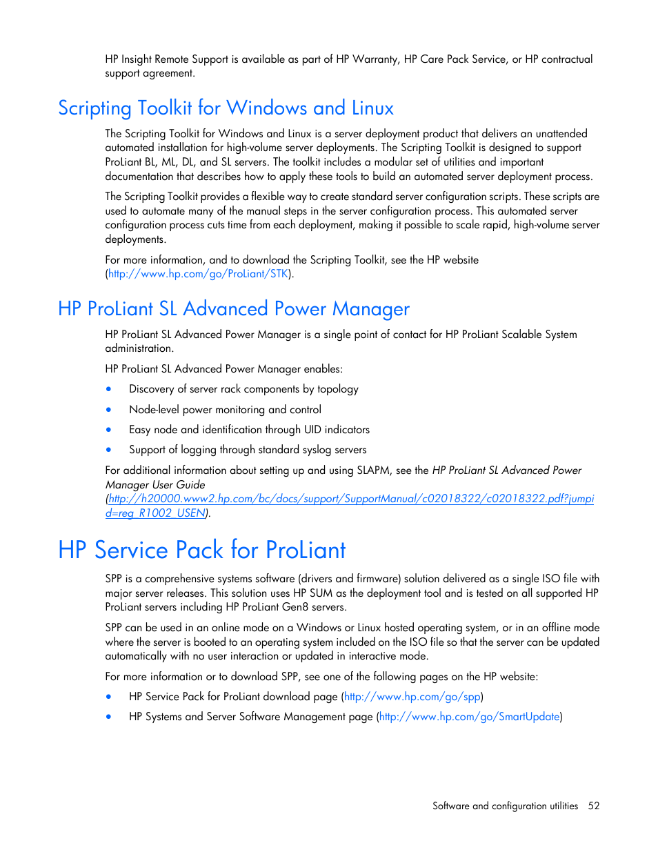 Scripting toolkit for windows and linux, Hp proliant sl advanced power manager, Hp service pack for proliant | HP ProLiant SL4540 Gen8 Server User Manual | Page 52 / 78