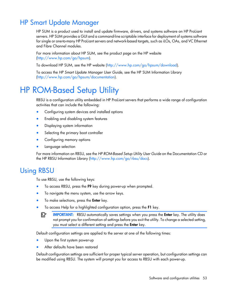 Hp smart update manager, Hp rom-based setup utility, Using rbsu | HP ProLiant SL4540 Gen8 Server User Manual | Page 53 / 78