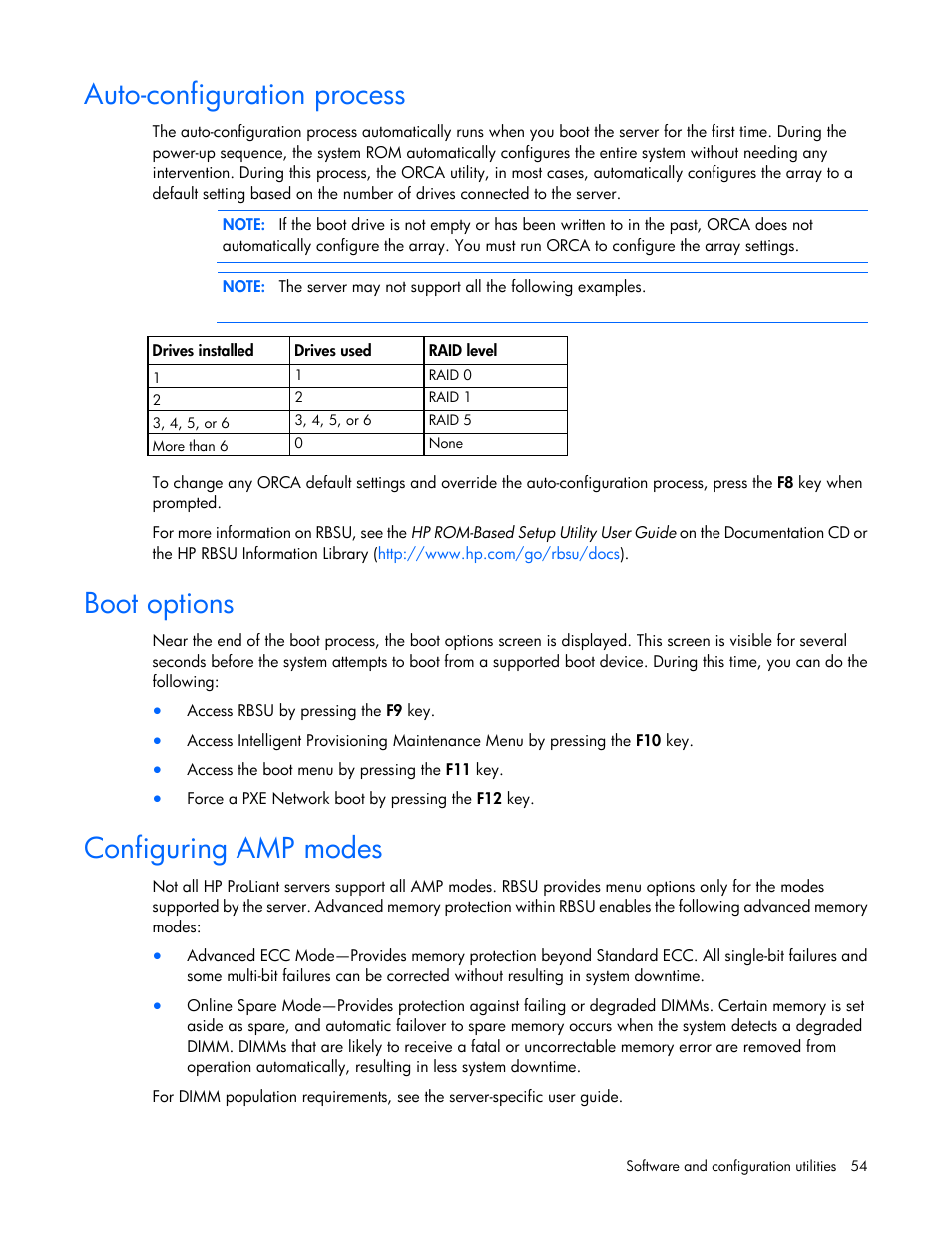 Auto-configuration process, Boot options, Configuring amp modes | HP ProLiant SL4540 Gen8 Server User Manual | Page 54 / 78