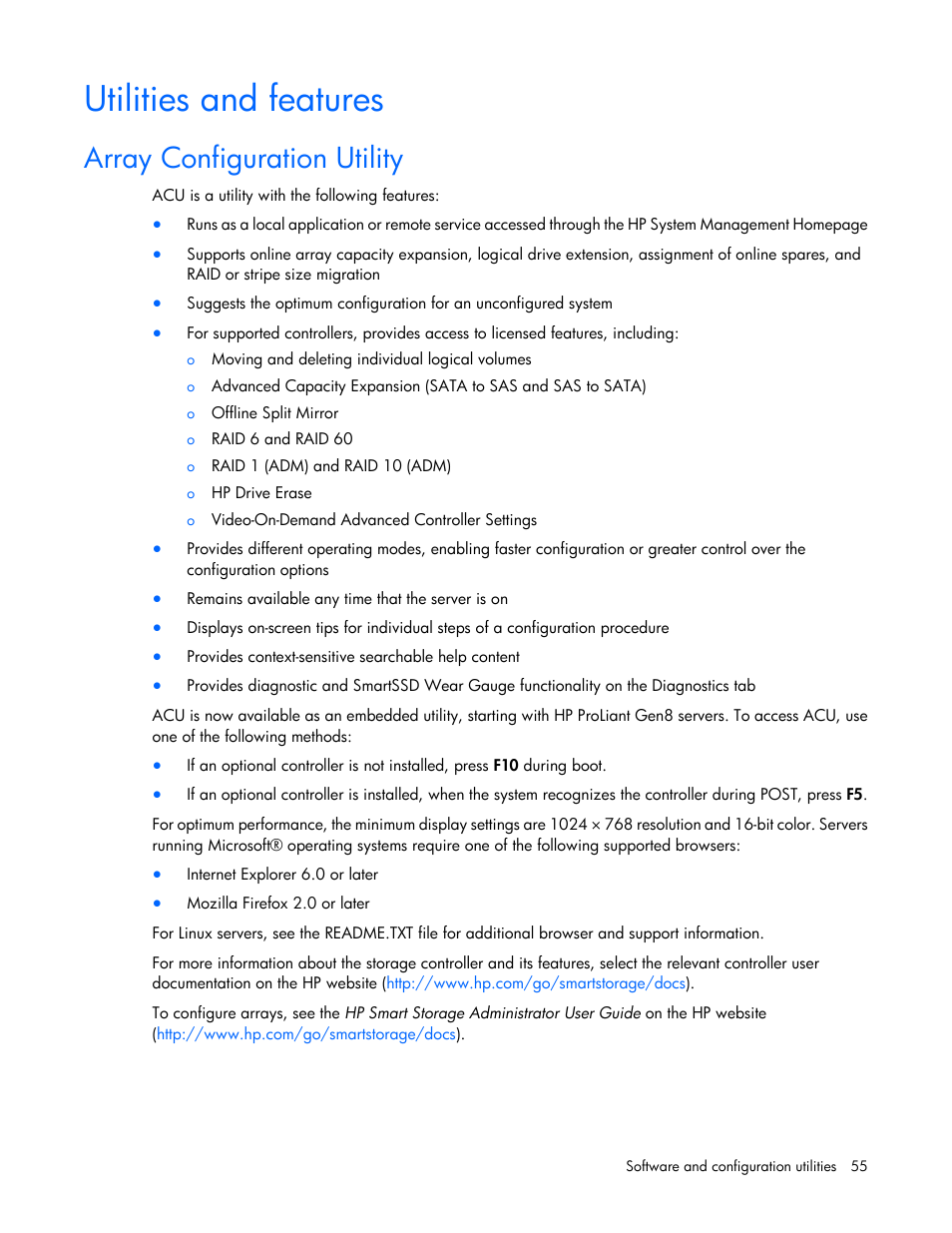 Utilities and features, Array configuration utility | HP ProLiant SL4540 Gen8 Server User Manual | Page 55 / 78