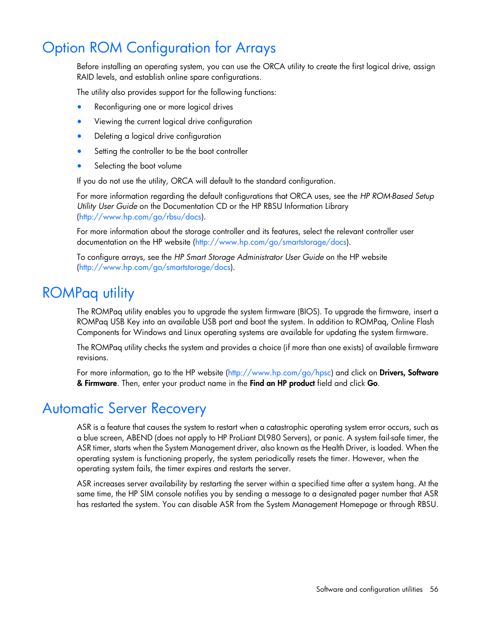 Option rom configuration for arrays, Rompaq utility, Automatic server recovery | HP ProLiant SL4540 Gen8 Server User Manual | Page 56 / 78