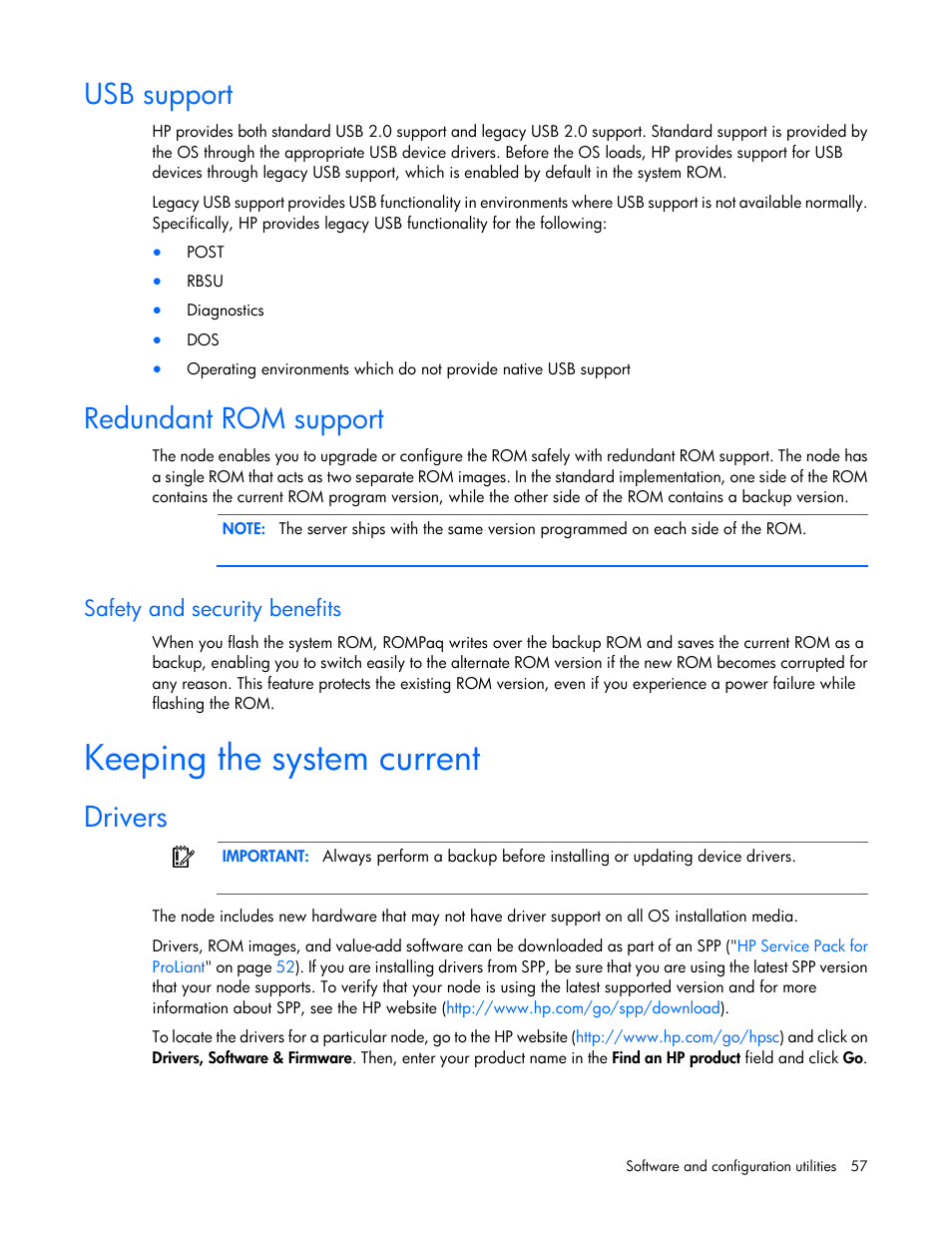 Usb support, Redundant rom support, Safety and security benefits | Keeping the system current, Drivers | HP ProLiant SL4540 Gen8 Server User Manual | Page 57 / 78
