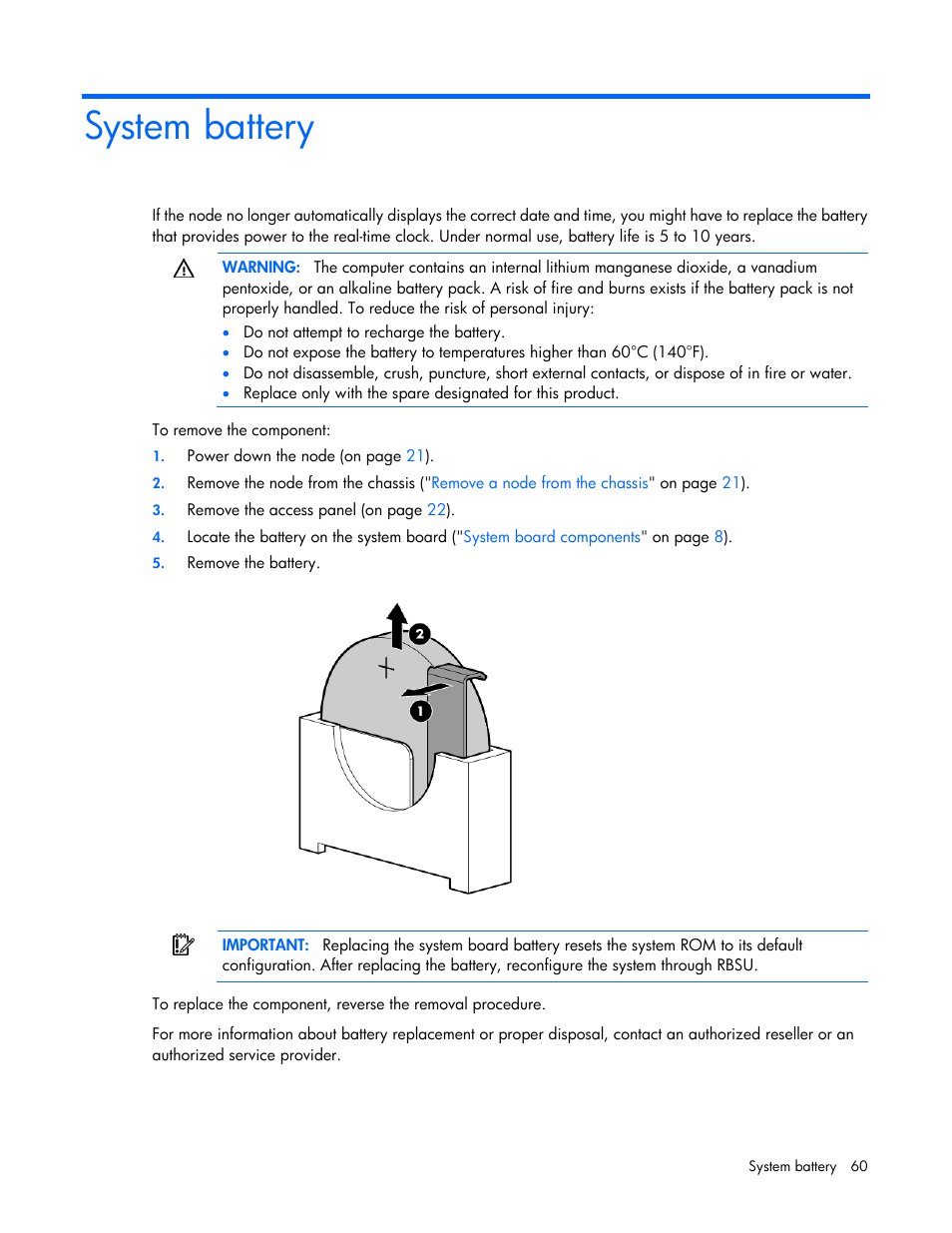 System battery | HP ProLiant SL4540 Gen8 Server User Manual | Page 60 / 78