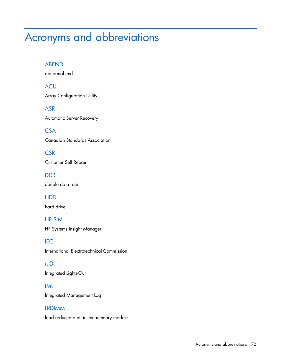 Acronyms and abbreviations | HP ProLiant SL4540 Gen8 Server User Manual | Page 72 / 78