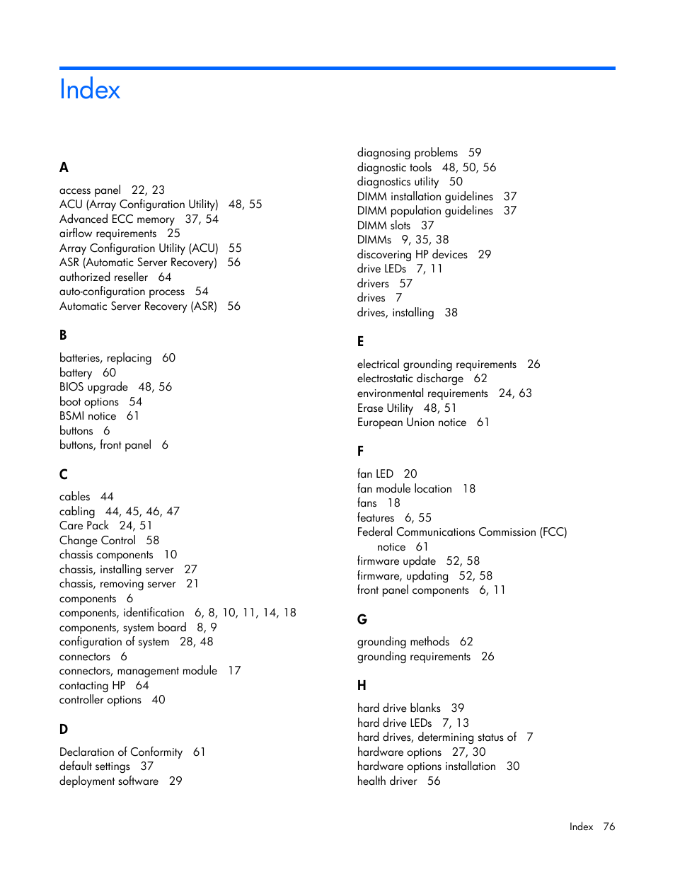 Index | HP ProLiant SL4540 Gen8 Server User Manual | Page 76 / 78