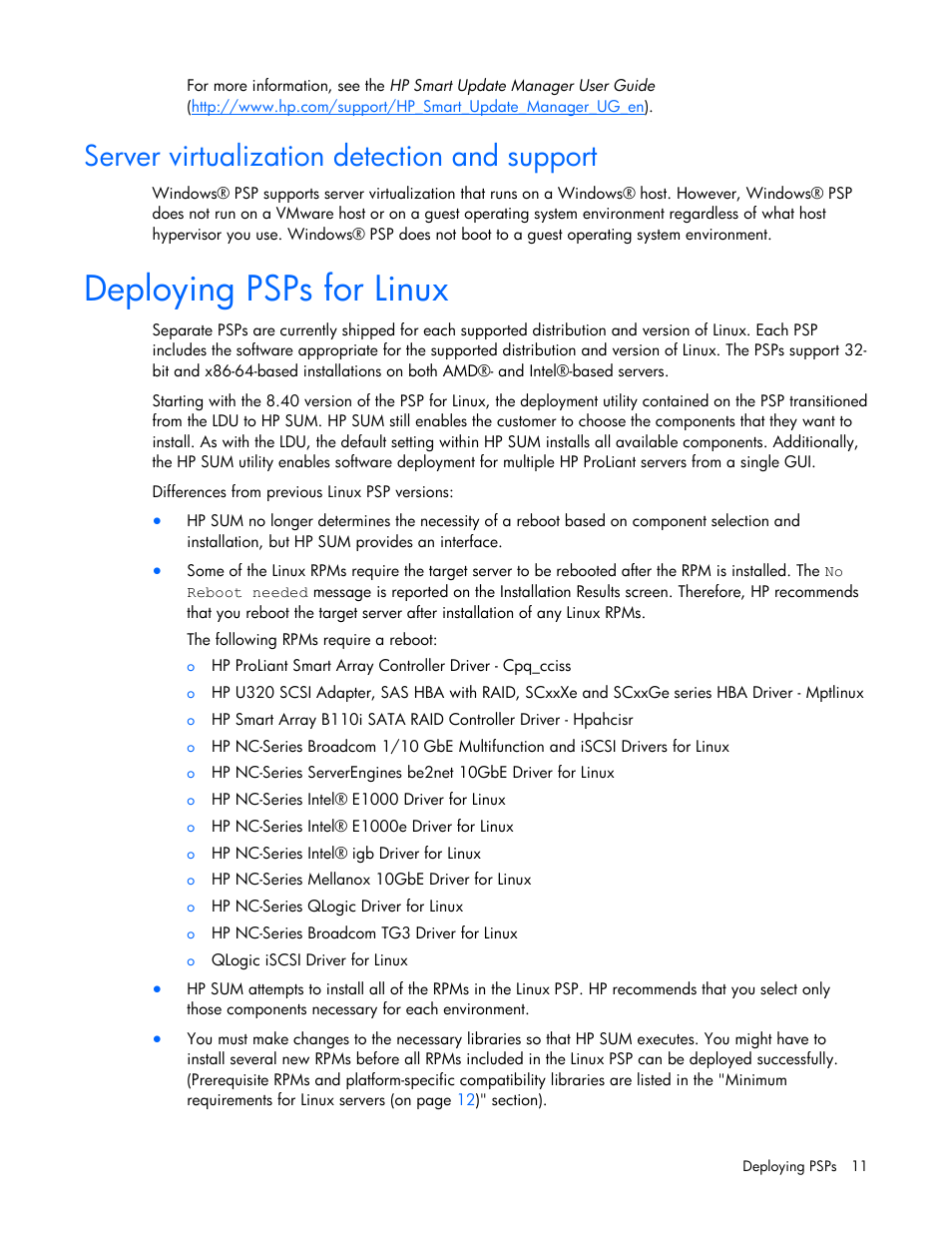 Server virtualization detection and support, Deploying psps for linux | HP SmartStart-Software User Manual | Page 11 / 32