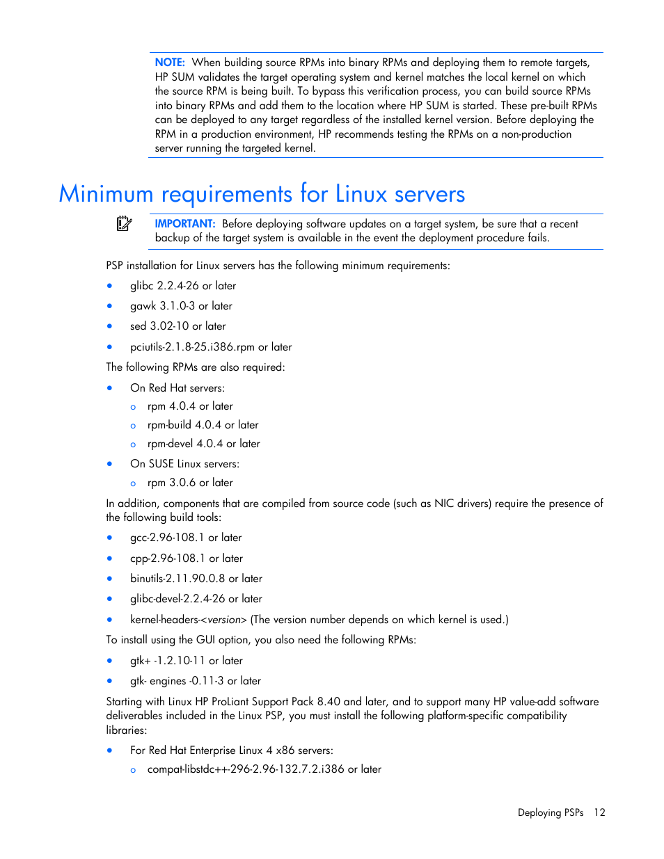 Minimum requirements for linux servers | HP SmartStart-Software User Manual | Page 12 / 32