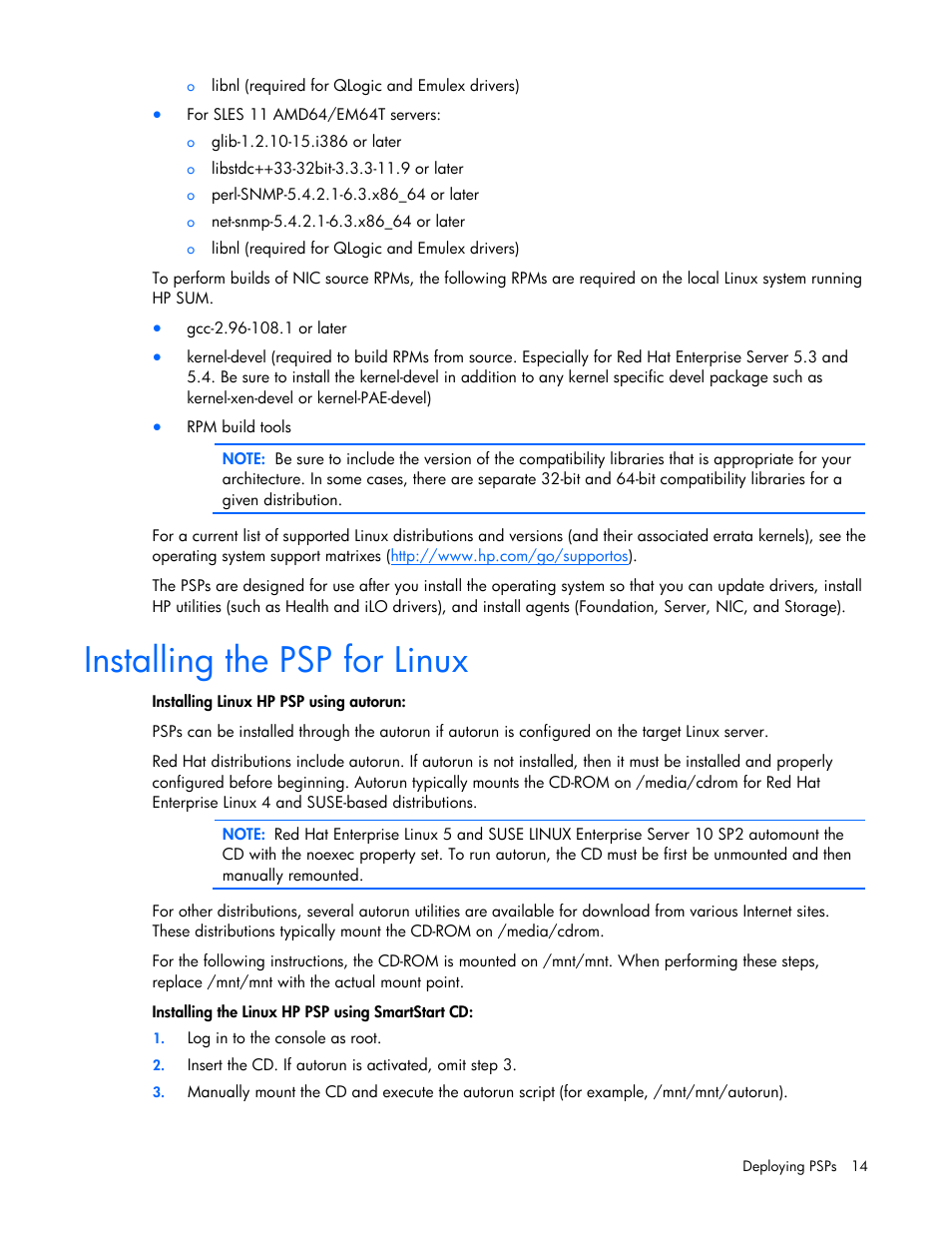 Installing the psp for linux | HP SmartStart-Software User Manual | Page 14 / 32