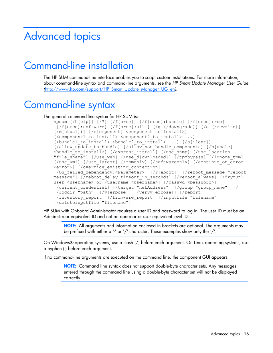 Advanced topics, Command-line installation, Command-line syntax | Command-line installation command-line syntax | HP SmartStart-Software User Manual | Page 16 / 32