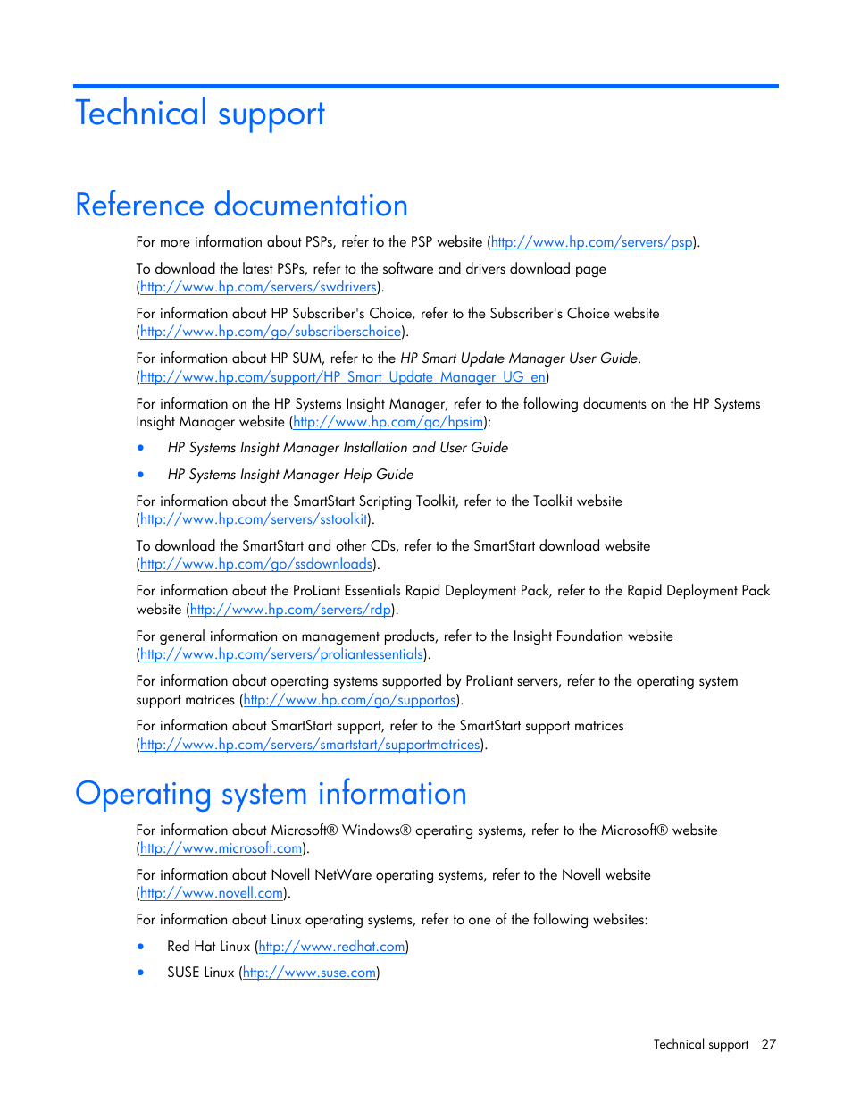 Technical support, Reference documentation, Operating system information | HP SmartStart-Software User Manual | Page 27 / 32