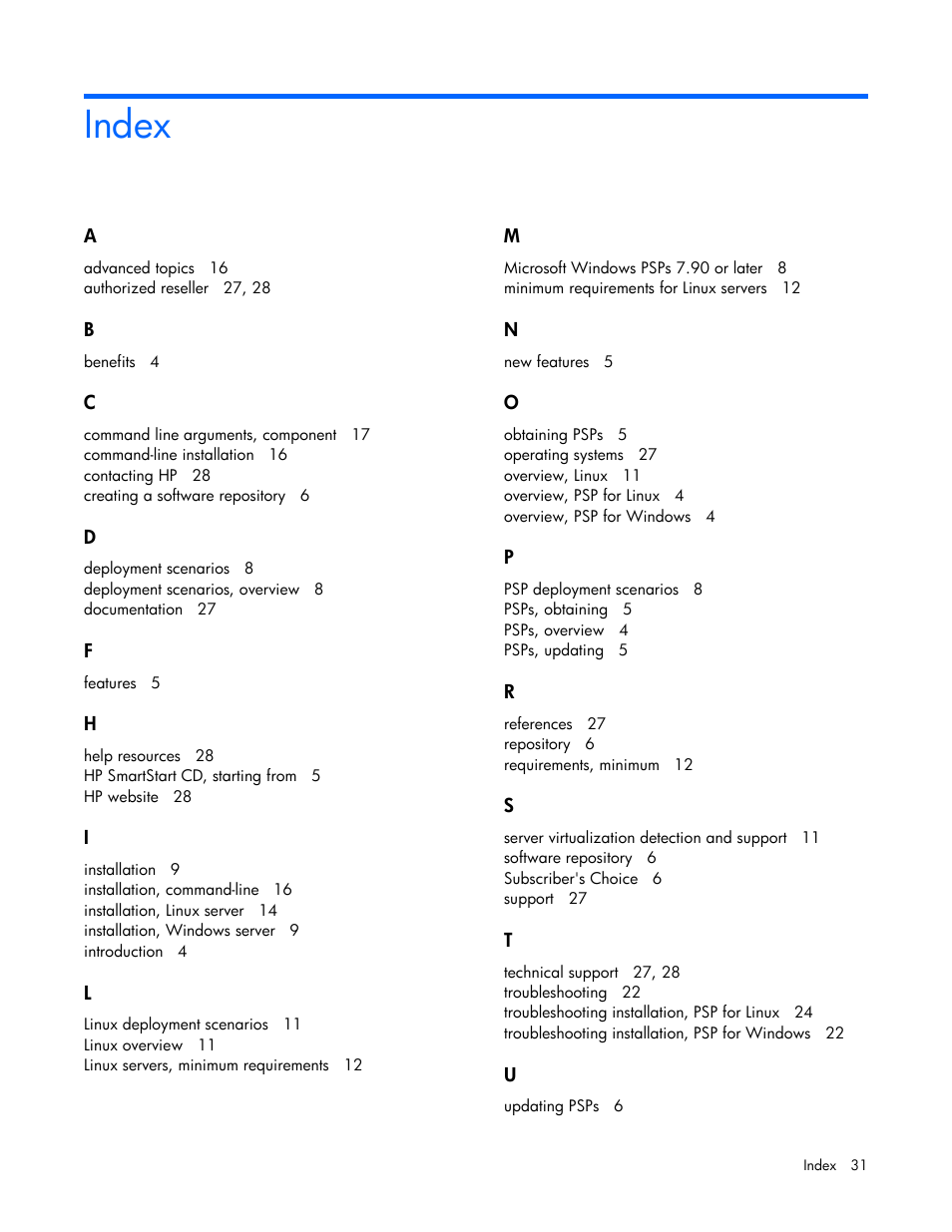 Index | HP SmartStart-Software User Manual | Page 31 / 32