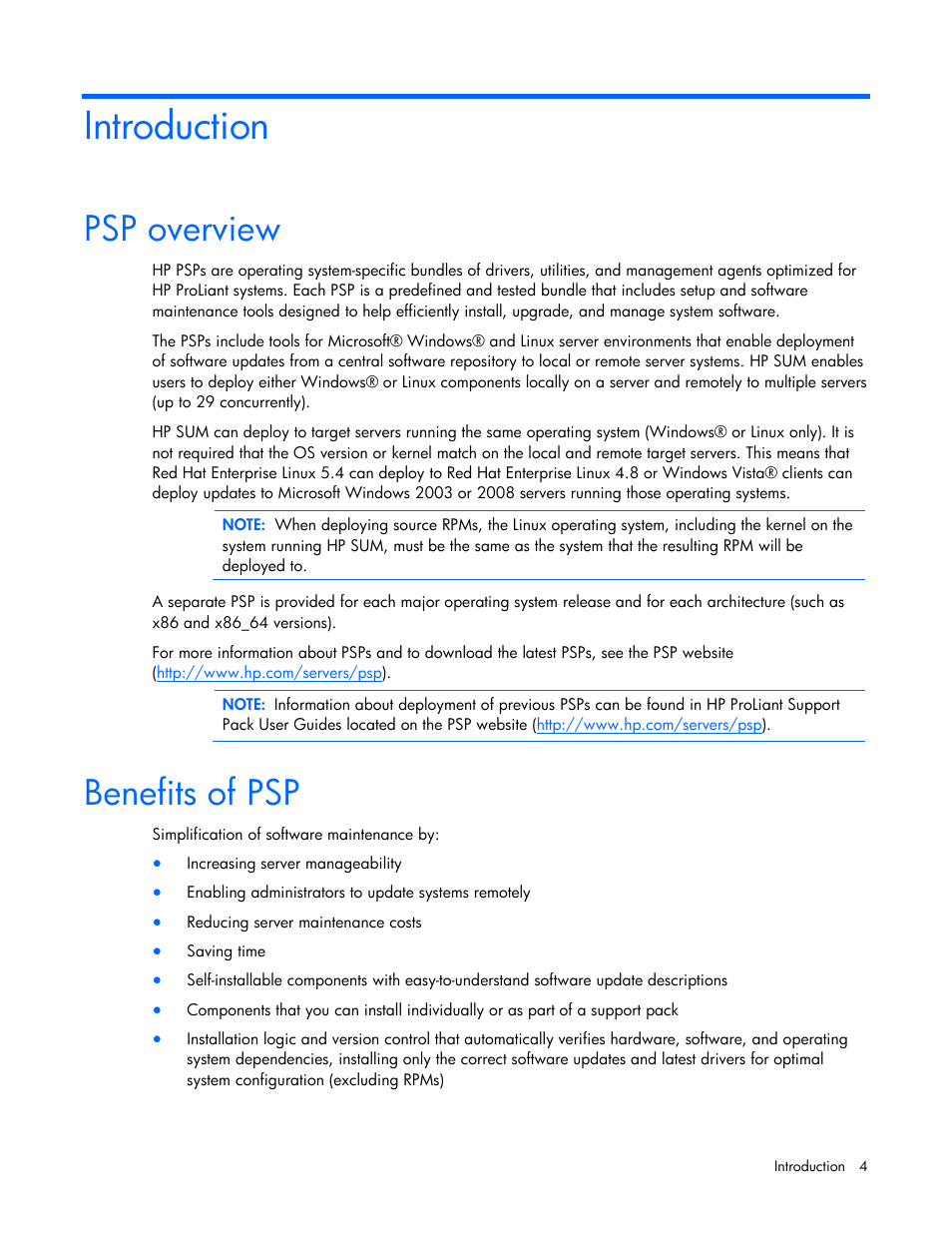 Introduction, Psp overview, Benefits of psp | Psp overview benefits of psp | HP SmartStart-Software User Manual | Page 4 / 32