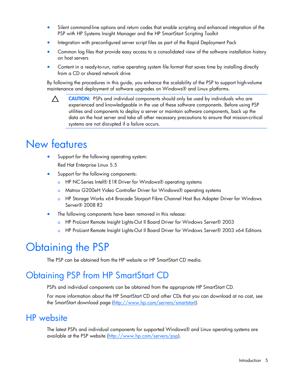 New features, Obtaining the psp, Obtaining psp from hp smartstart cd | Hp website, New features obtaining the psp, Obtaining psp from hp smartstart cd hp website | HP SmartStart-Software User Manual | Page 5 / 32