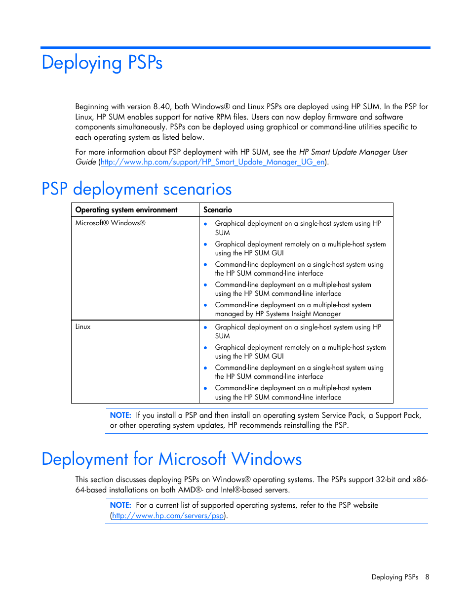 Deploying psps, Psp deployment scenarios, Deployment for microsoft windows | HP SmartStart-Software User Manual | Page 8 / 32