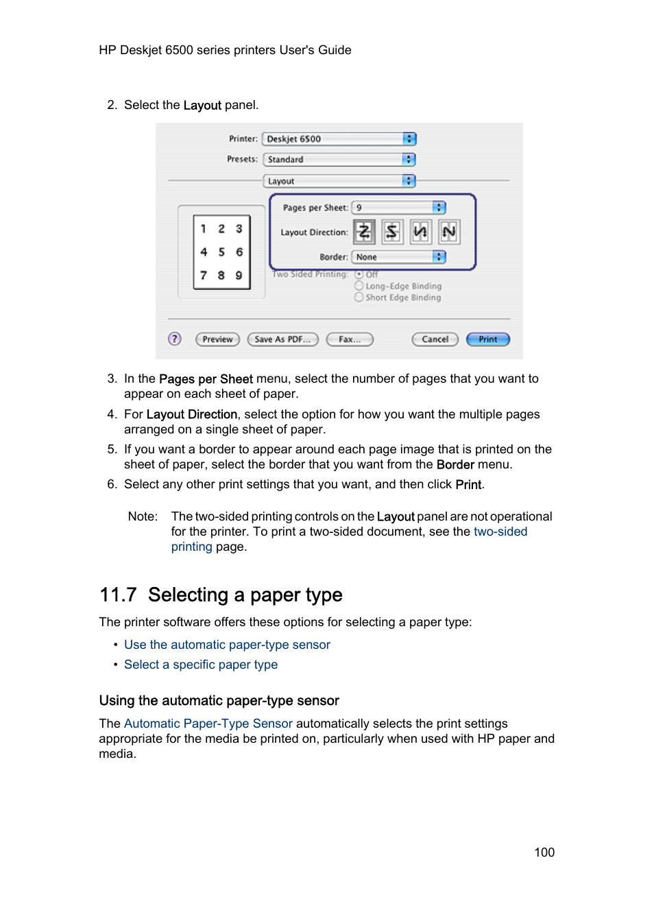 7 selecting a paper type, Using the automatic paper-type sensor, To use the automatic paper-type sensor, see the | Paper-type selection, Paper type | HP Deskjet 6540 Color Inkjet Printer User Manual | Page 100 / 184