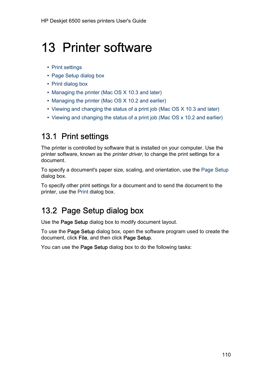 13 printer software, 1 print settings, Printer software | Dialog box, Dialog box, and then select the following settings, Learn about the, Dialog box and set the paper size, scaling, 2 page setup dialog box | HP Deskjet 6540 Color Inkjet Printer User Manual | Page 110 / 184