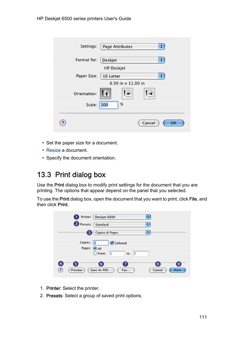 3 print dialog box, Print, Print dialog box | Dialog box | HP Deskjet 6540 Color Inkjet Printer User Manual | Page 111 / 184