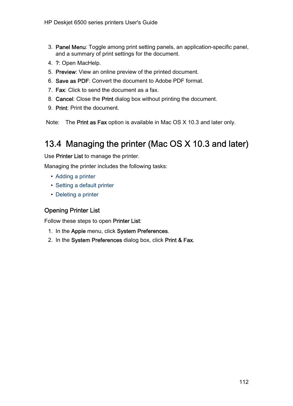 4 managing the printer (mac os x 10.3 and later), Opening printer list, Managing the printer (mac os x 10.3 and later) | HP Deskjet 6540 Color Inkjet Printer User Manual | Page 112 / 184
